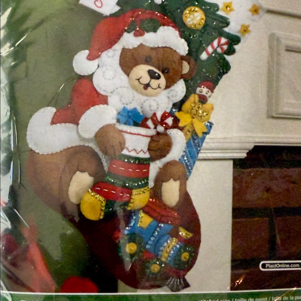 Bucilla Felt Applique Christmas Stocking Kit Teddy Bear Santa 18” NIP